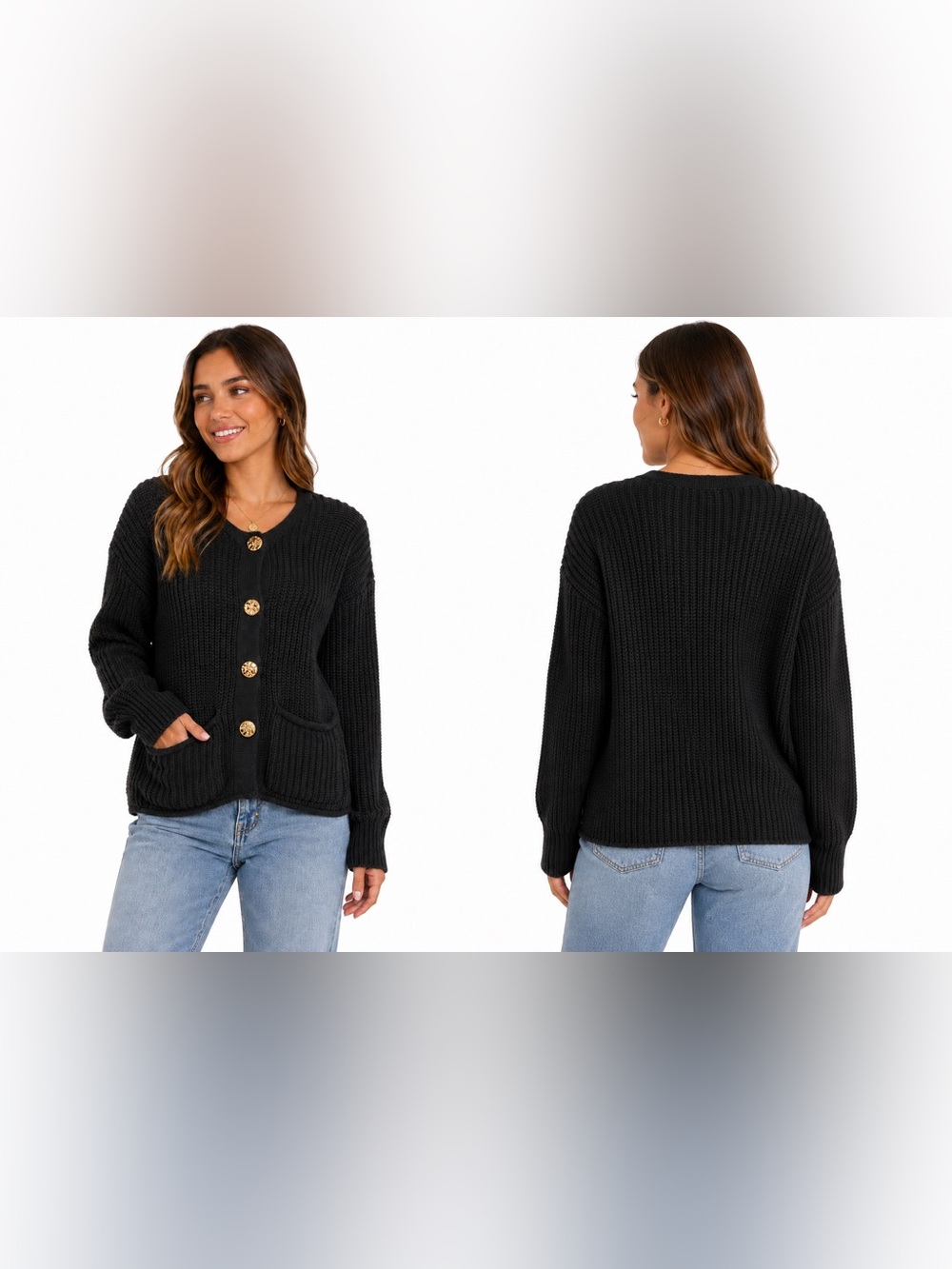 Merokeety Black Chunky Knit Cardigan Gold Buttons Size S NWT